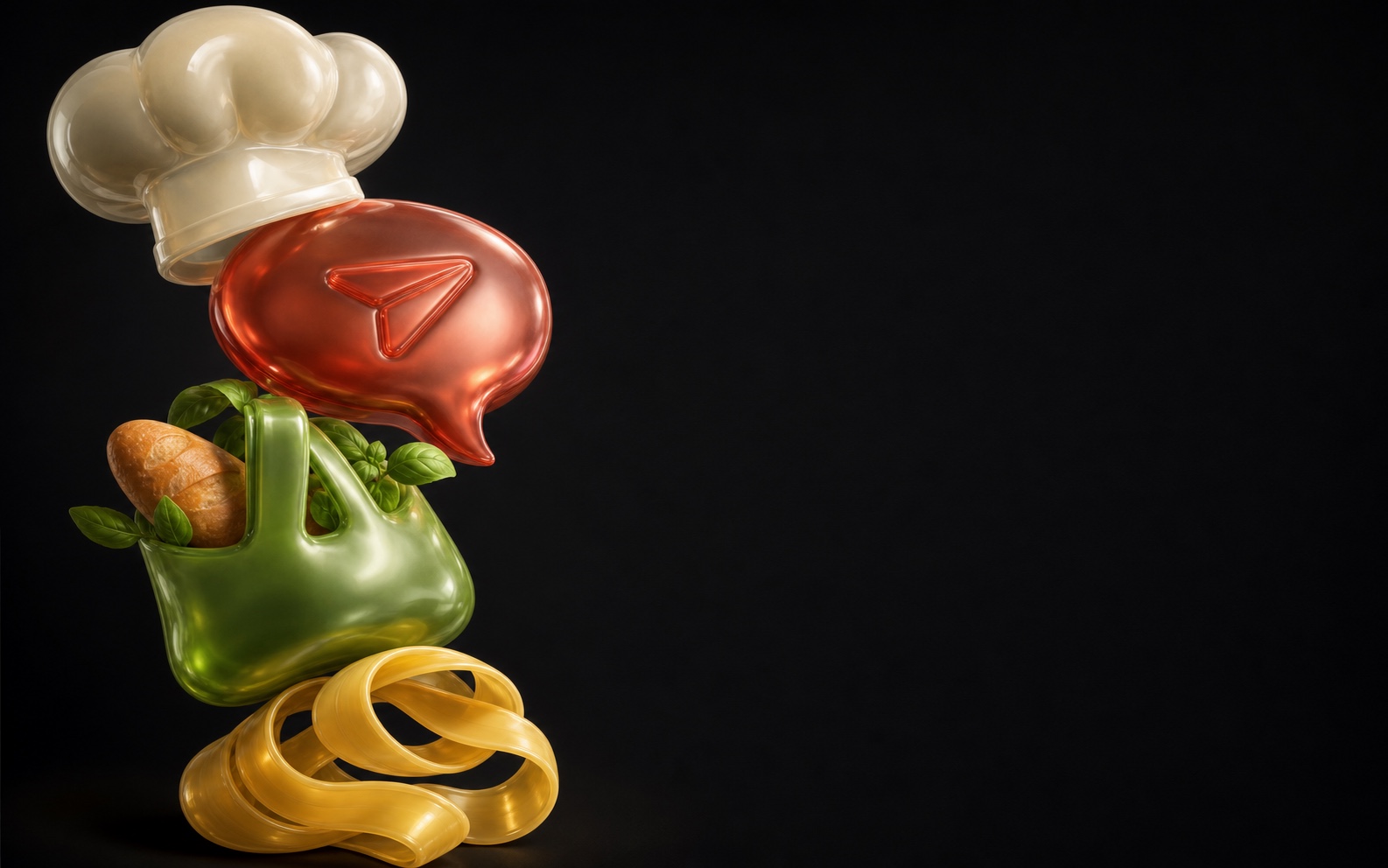 Glossy chef hat, direct message, grocery bag, and pasta sculptures
